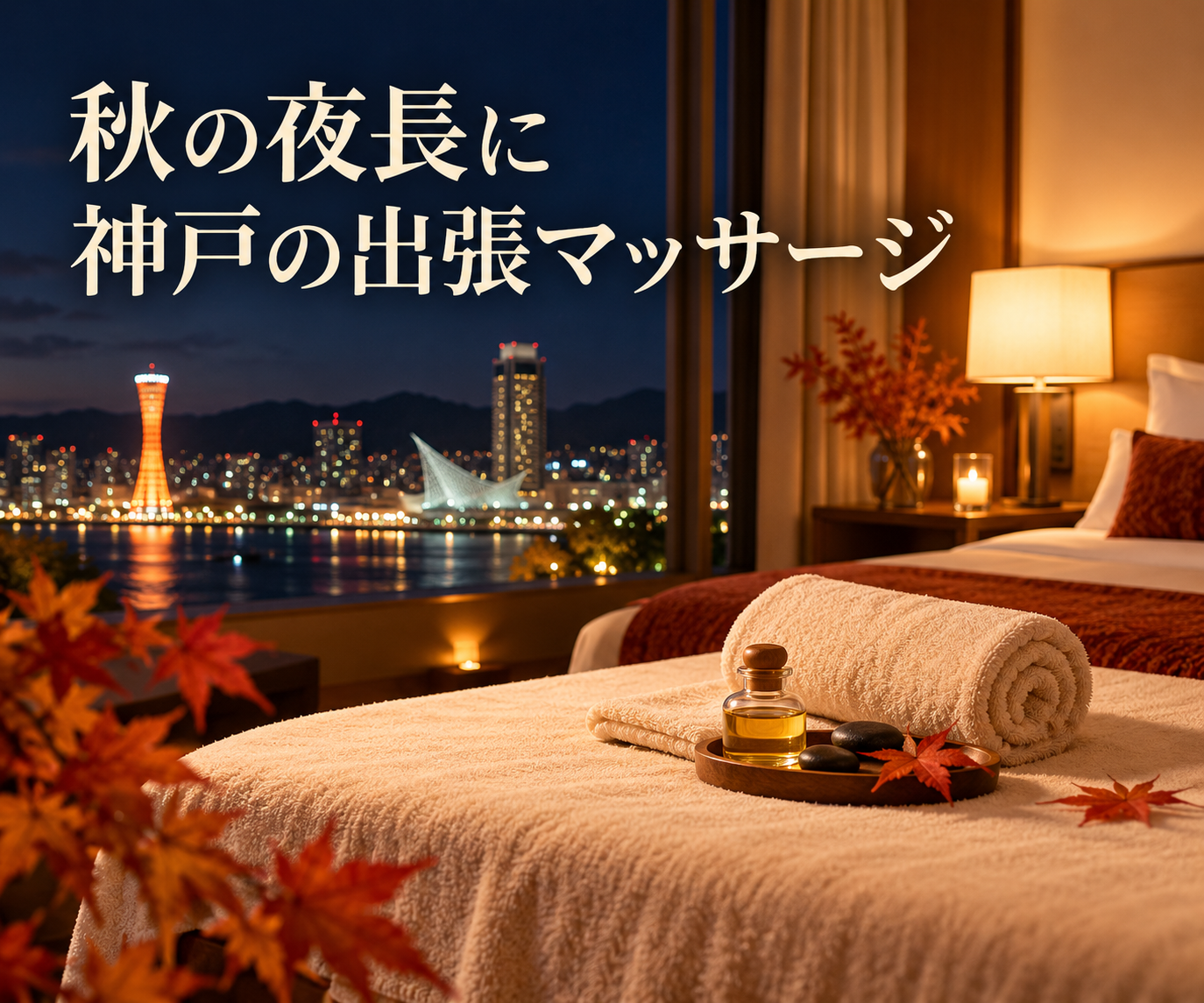 神戸の夜景とホテル客室での出張マッサージのイメージ